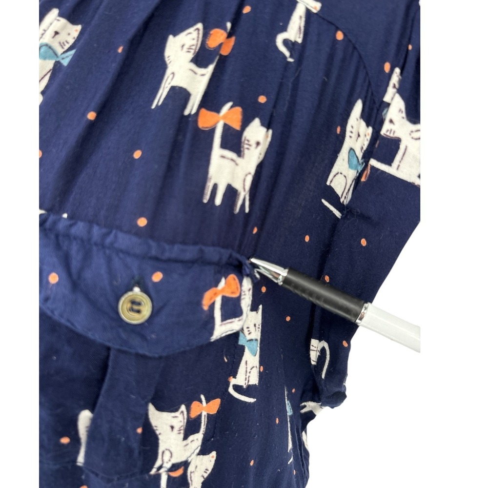 Angie Navy Blue Cat Print Dress Large Sleeveless Button Front Indie Cottage Twee - Picture 4 of 7